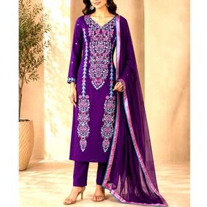 Purple Indian Pakistani Dress Cotton Embroidered Dress Pants Scarf Set Size XS